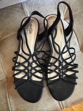 East 5th Black Strappy Slingback Sandals with Woven Detail